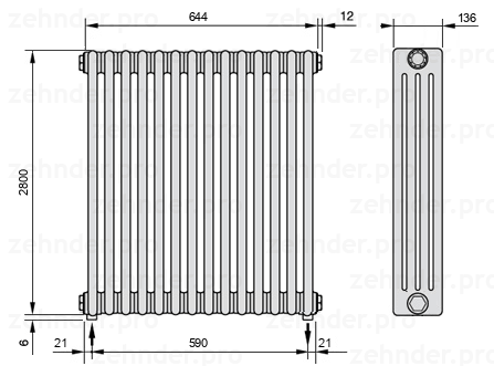 Схема (чертеж) Радиатор Zehnder Charleston 4280/14 №3570 Белый глянцевый RAL 9016